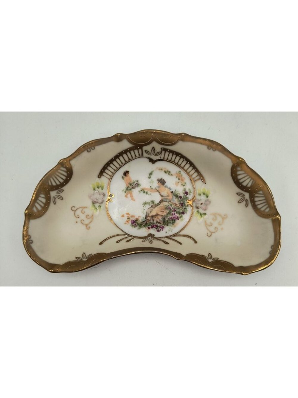 Vintage Lenwile Ardalt China Ivory Gold Trimmed Dish W/Lady Child Scene Scallop